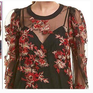 BGBGMaxazria, Black Mesh Top with Red and Gold Floral Embroidery, size S
